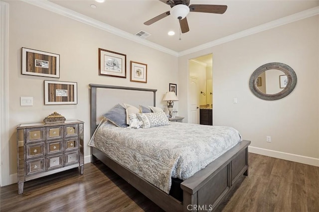 3032 Cortuna Dr, San Luis Obispo, CA 93401 - bedroom with dark wood-style flooring, recessed lighting, ornamental molding, connected bathroom, and a ceiling fan