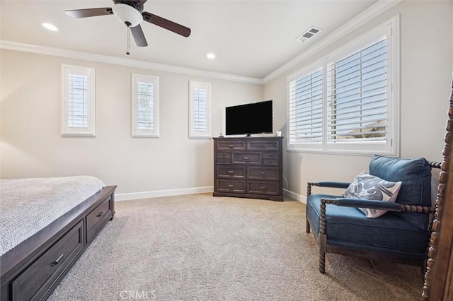 3032 Cortuna Dr, San Luis Obispo, CA 93401 - bedroom with crown molding, light carpet, recessed lighting, and ceiling fan