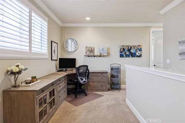 3032 Cortuna Dr, San Luis Obispo, CA 93401 - office with light colored carpet, ornamental molding, and recessed lighting