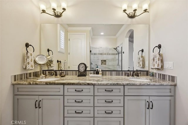 3032 Cortuna Dr, San Luis Obispo, CA 93401 - full bathroom with a stall shower, double vanity, and crown molding