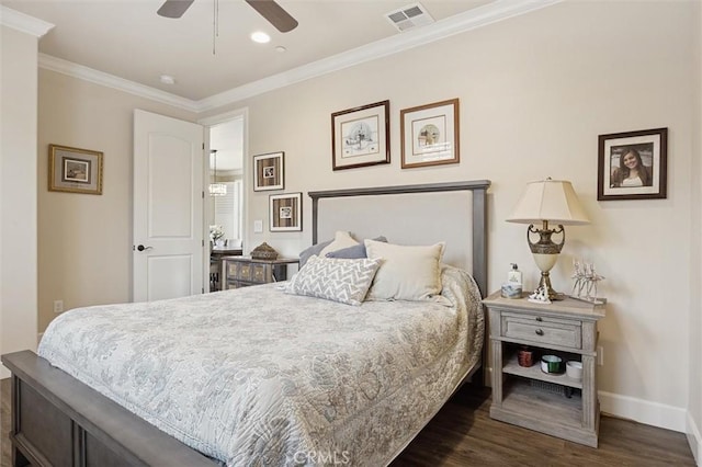 3032 Cortuna Dr, San Luis Obispo, CA 93401 - bedroom featuring dark wood-type flooring, ornamental molding, recessed lighting, and a ceiling fan