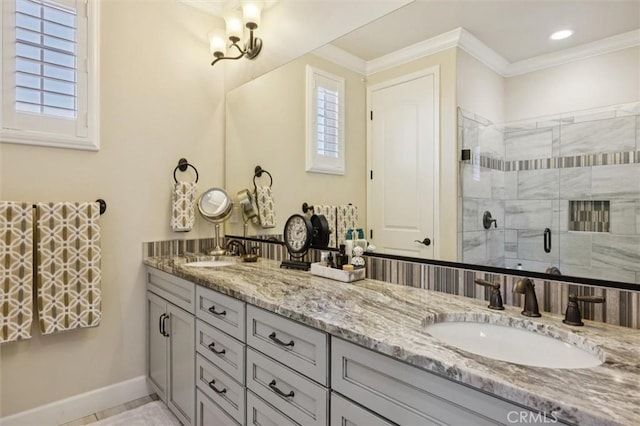 3032 Cortuna Dr, San Luis Obispo, CA 93401 - full bath with double vanity, healthy amount of natural light, a stall shower, and crown molding