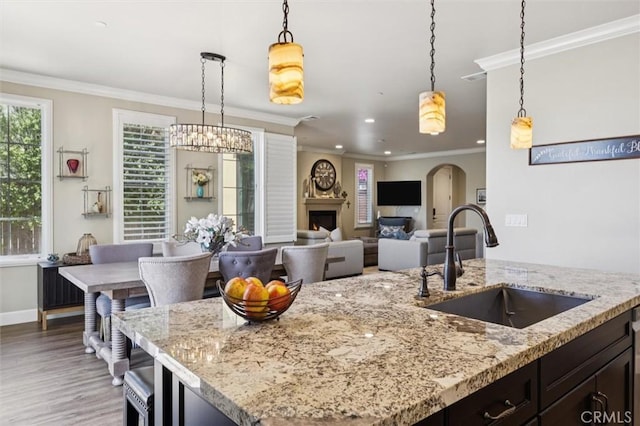 3032 Cortuna Dr, San Luis Obispo, CA 93401 - kitchen with plenty of natural light, wood finished floors, crown molding, hanging light fixtures, and recessed lighting