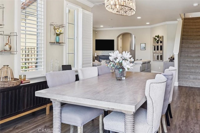 3032 Cortuna Dr, San Luis Obispo, CA 93401 - dining area with ornamental molding, wood finished floors, a chandelier, stairway, and recessed lighting