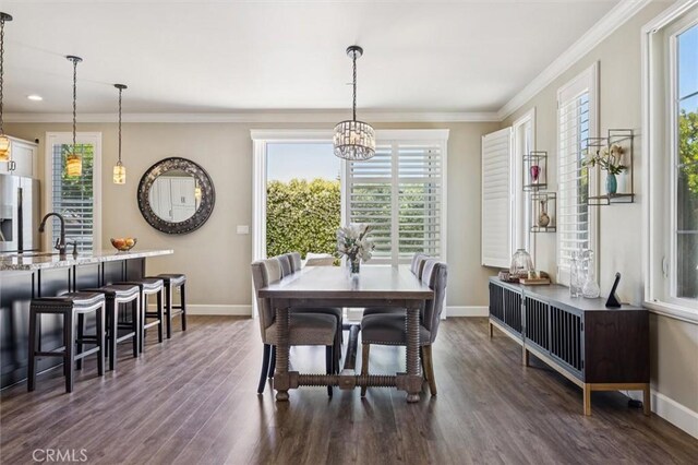 3032 Cortuna Dr, San Luis Obispo, CA 93401 - dining room featuring dark wood-type flooring, ornamental molding, a chandelier, and recessed lighting