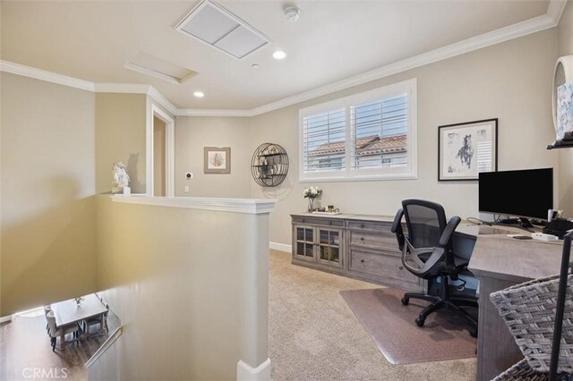 3032 Cortuna Dr, San Luis Obispo, CA 93401 - home office with attic access, light colored carpet, crown molding, and recessed lighting