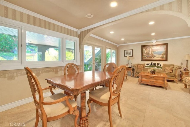 24 Edgebrook Dr, Phillips Ranch, CA 91766 - dining area with arched walkways, ornamental molding, recessed lighting, and light tile patterned floors