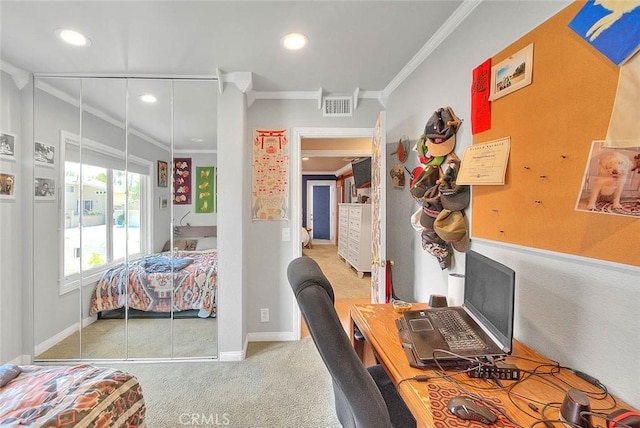 24 Edgebrook Dr, Phillips Ranch, CA 91766 - bedroom featuring ornamental molding, carpet flooring, recessed lighting, and an office area