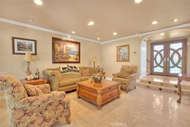 24 Edgebrook Dr, Phillips Ranch, CA 91766 - living room featuring arched walkways, ornamental molding, recessed lighting, french doors, and light tile patterned floors
