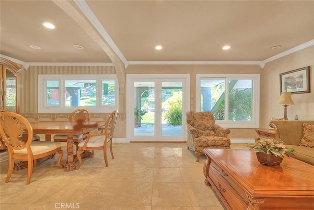 24 Edgebrook Dr, Phillips Ranch, CA 91766 - dining area with crown molding, recessed lighting, light tile patterned floors, and french doors