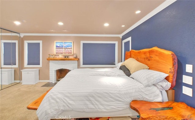 24 Edgebrook Dr, Phillips Ranch, CA 91766 - carpeted bedroom with crown molding, recessed lighting, and a brick fireplace