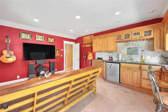 24 Edgebrook Dr, Phillips Ranch, CA 91766 - kitchen with dishwasher, recessed lighting, light carpet, glass insert cabinets, and tasteful backsplash