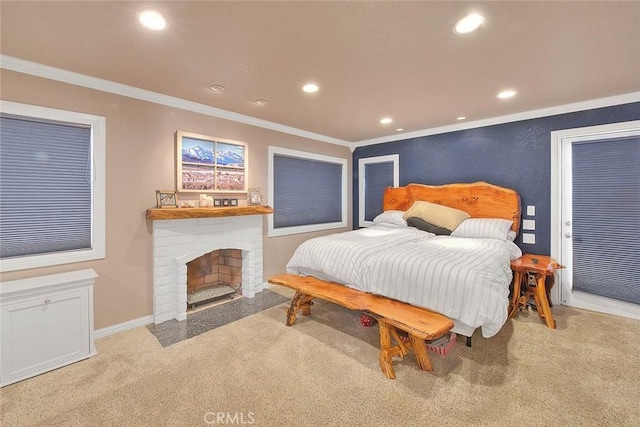 24 Edgebrook Dr, Phillips Ranch, CA 91766 - bedroom with ornamental molding, carpet flooring, recessed lighting, and a fireplace with flush hearth