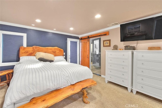 24 Edgebrook Dr, Phillips Ranch, CA 91766 - bedroom featuring ornamental molding, recessed lighting, a barn door, and light carpet