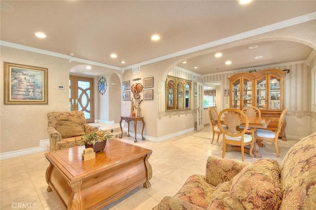 24 Edgebrook Dr, Phillips Ranch, CA 91766 - living area featuring arched walkways, crown molding, recessed lighting, and light tile patterned flooring