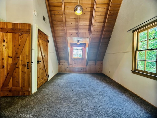 349 Golf Course Rd, Lake Arrowhead, CA 92352 - carpeted empty room with wood ceiling, lofted ceiling, and plenty of natural light