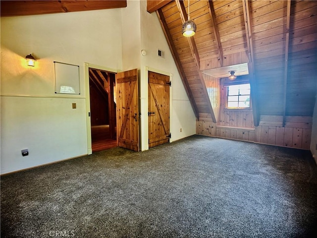 349 Golf Course Rd, Lake Arrowhead, CA 92352 - spare room with a wooden ceiling with exposed beams, carpet, and high vaulted ceiling