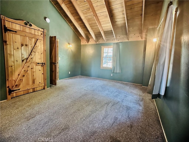 349 Golf Course Rd, Lake Arrowhead, CA 92352 - spare room featuring a wood ceiling with exposed beams, carpet flooring, and high vaulted ceiling
