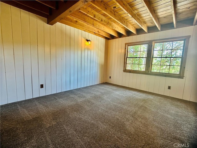 349 Golf Course Rd, Lake Arrowhead, CA 92352 - carpeted empty room featuring beamed ceiling and wood walls