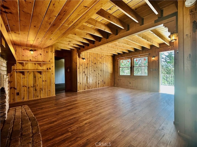 349 Golf Course Rd, Lake Arrowhead, CA 92352 - unfurnished room with a wood ceiling with exposed beams, wooden walls, and hardwood / wood-style flooring