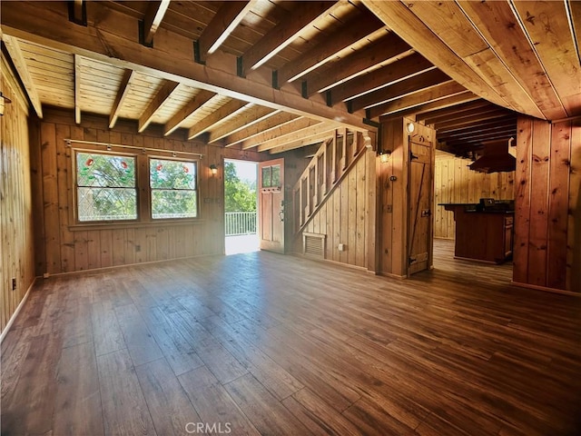 349 Golf Course Rd, Lake Arrowhead, CA 92352 - unfurnished living room featuring dark wood-style flooring, wooden walls, a wood ceiling with exposed beams, and stairs