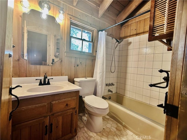 349 Golf Course Rd, Lake Arrowhead, CA 92352 - full bath featuring vanity, shower / tub combo with curtain, wooden walls, and tile patterned flooring