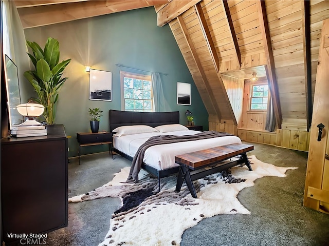 349 Golf Course Rd, Lake Arrowhead, CA 92352 - carpeted bedroom featuring wood ceiling and wooden walls