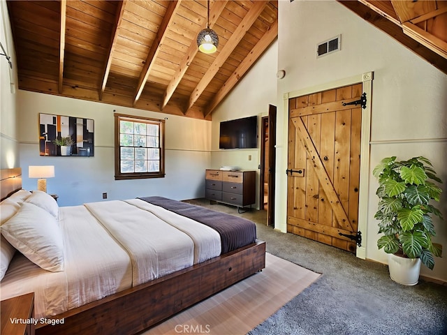 349 Golf Course Rd, Lake Arrowhead, CA 92352 - bedroom with a wooden ceiling with exposed beams, carpet, and high vaulted ceiling
