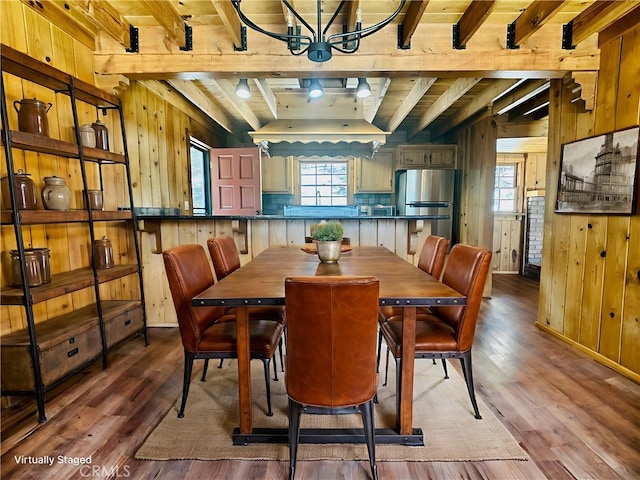 349 Golf Course Rd, Lake Arrowhead, CA 92352 - dining area with wooden walls, wood finished floors, a chandelier, and a wood ceiling with exposed beams