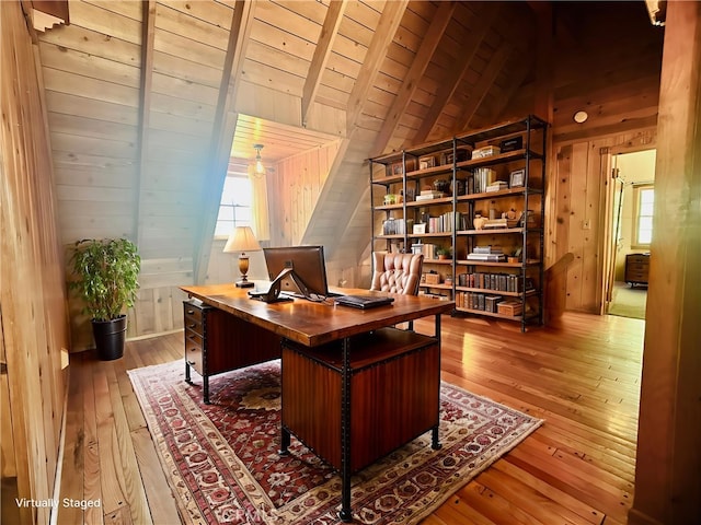 349 Golf Course Rd, Lake Arrowhead, CA 92352 - home office with wooden walls, wood-type flooring, wood ceiling, and healthy amount of natural light