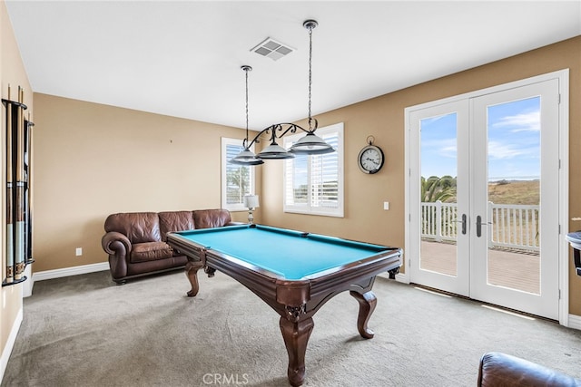 17032 Mountain Crest Ct, Riverside, CA 92503 - game room with french doors, carpet floors, and billiards table