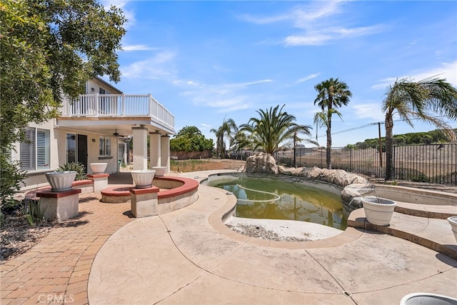 17032 Mountain Crest Ct, Riverside, CA 92503 - view of pool featuring a fenced backyard, ceiling fan, and a patio area