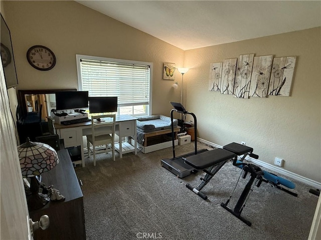 27505 Jasper Way, Castaic, CA 91384 - office area with vaulted ceiling, carpet floors, and a textured wall