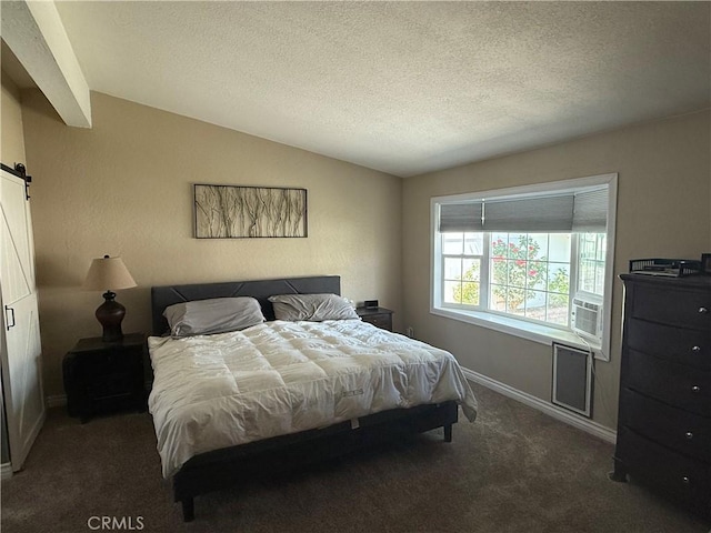 27505 Jasper Way, Castaic, CA 91384 - bedroom featuring lofted ceiling, a barn door, carpet, a textured ceiling, and cooling unit