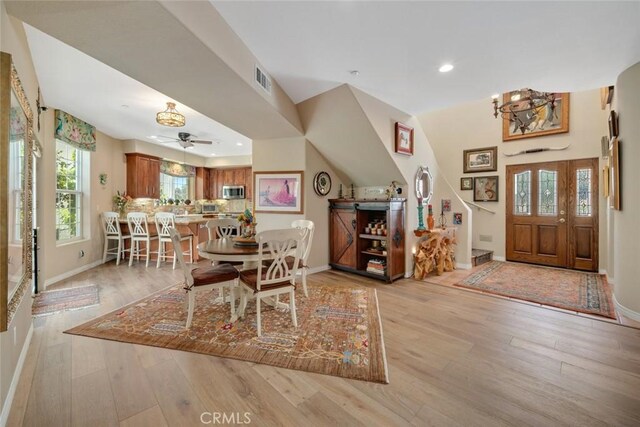 530 Bluerock Dr, San Luis Obispo, CA 93401 - dining area featuring light wood finished floors, plenty of natural light, recessed lighting, a chandelier, and ceiling fan