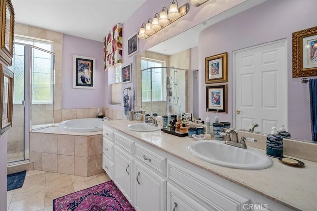 530 Bluerock Dr, San Luis Obispo, CA 93401 - bathroom with a shower stall, double vanity, tile patterned floors, and a garden tub