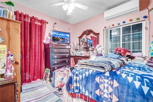 11847 Alabama St, Los Angeles, CA 90059 - carpeted bedroom featuring a wall unit AC, a textured ceiling, and a ceiling fan