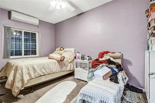 11847 Alabama St, Los Angeles, CA 90059 - carpeted bedroom with a wall mounted AC, a textured ceiling, a textured wall, and ceiling fan