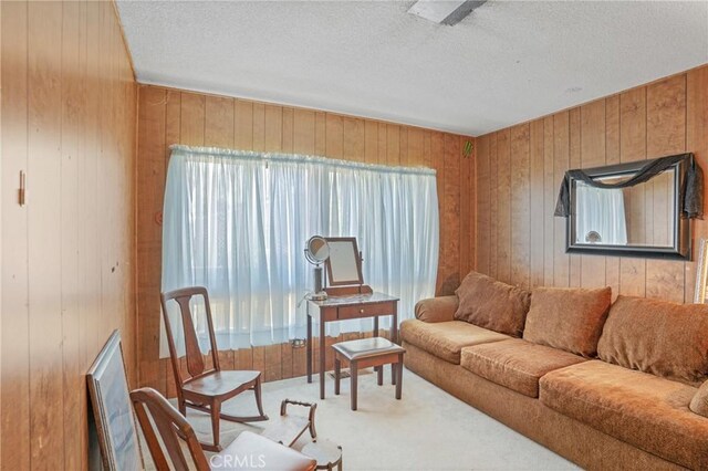 32303 Bilton Way, Wildomar, CA 92595 - carpeted living area featuring wooden walls and a textured ceiling