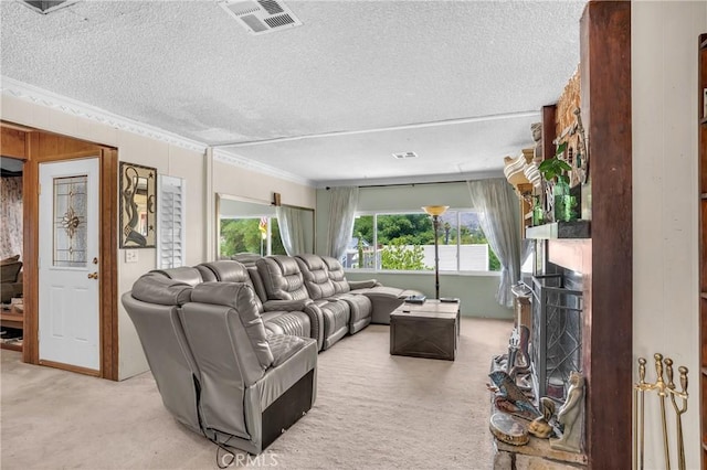 32303 Bilton Way, Wildomar, CA 92595 - living area with light colored carpet, ornamental molding, a large fireplace, and a textured ceiling