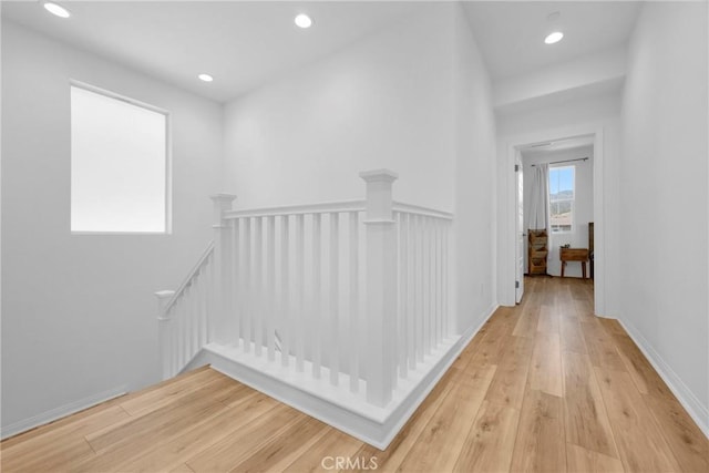 389 Allen Dr, Santa Paula, CA 93060 - corridor with an upstairs landing, light wood-style floors, and recessed lighting