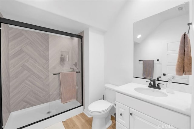 389 Allen Dr, Santa Paula, CA 93060 - full bath featuring vanity, a shower stall, and wood finished floors
