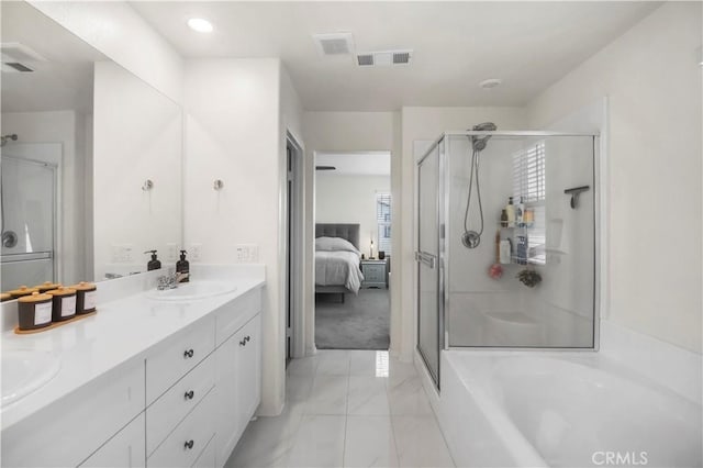7911 Cold Creek St, Riverside, CA 92507 - full bathroom with double vanity, a shower stall, a garden tub, ensuite bath, and marble finish flooring
