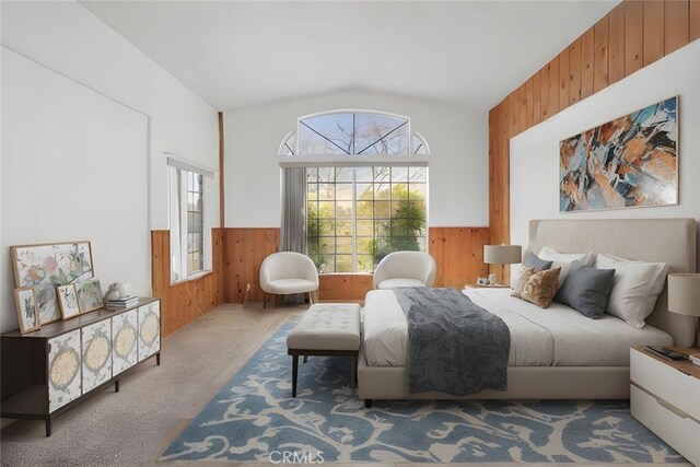 16912 Danbury Ave, Hesperia, CA 92345 - carpeted bedroom featuring wood walls, vaulted ceiling, and wainscoting