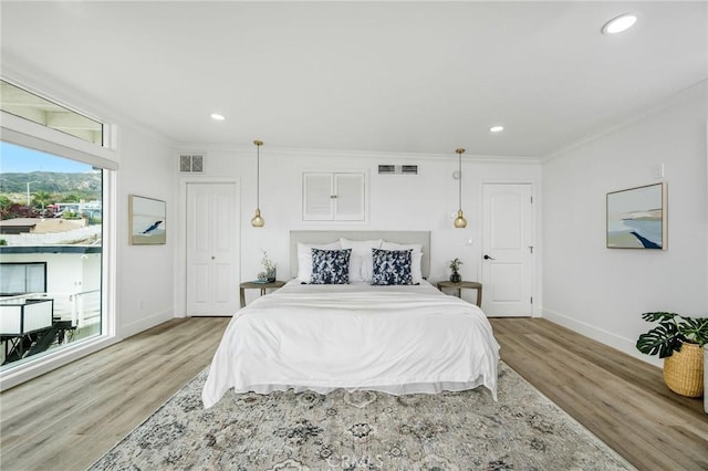32015 Point Pl, Laguna Beach, CA 92651 - bedroom featuring light wood-style floors, ornamental molding, and recessed lighting