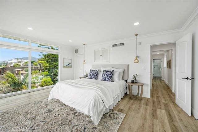 32015 Point Pl, Laguna Beach, CA 92651 - bedroom featuring light wood-type flooring, ornamental molding, and recessed lighting