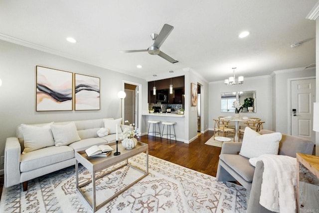 3078 Broadway Unit 210, San Diego, CA 92102 - living area with crown molding, a chandelier, wood finished floors, recessed lighting, and ceiling fan
