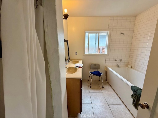 5901 California Ave, Long Beach, CA 90805 - full bath featuring double vanity, tile patterned floors, and shower / bath combo with shower curtain