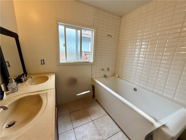 5901 California Ave, Long Beach, CA 90805 - bathroom with tile patterned flooring, double vanity, and washtub / shower combination