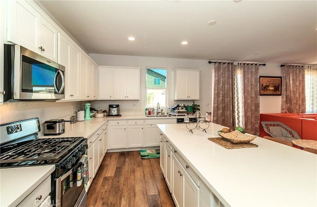 2698 N Arroyo Ave, Fresno, CA 93727 - kitchen with stainless steel appliances, dark wood finished floors, white cabinetry, light countertops, and recessed lighting